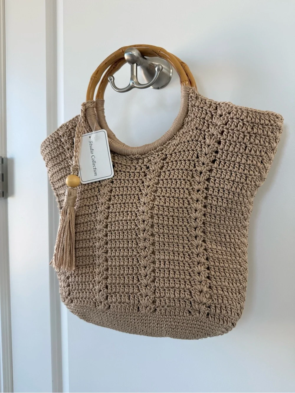 Studio Collection Crochet Tote in Beige with Bamboo Handles NWT